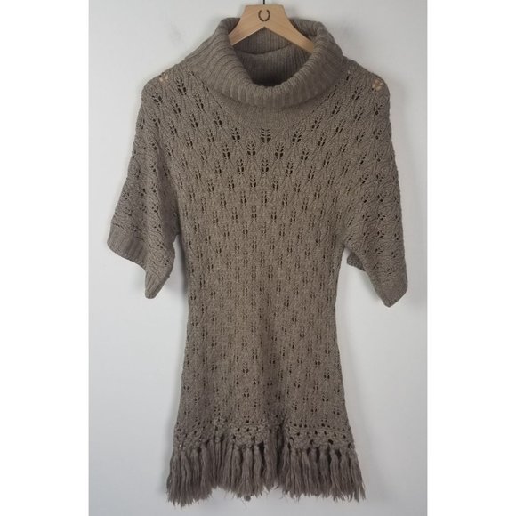Kenar Sweaters - Kenar Women's Sz. M Tan Wool Blend Cowl Neck Short Sleeve Fringe Detail Sweater